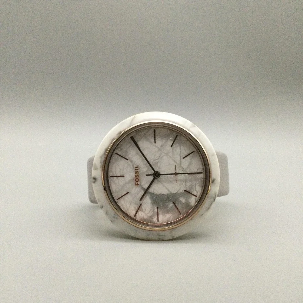 Fossil Womens Watch 38mm Faux White Marble Dial Gray Leather ES4371 New Battery